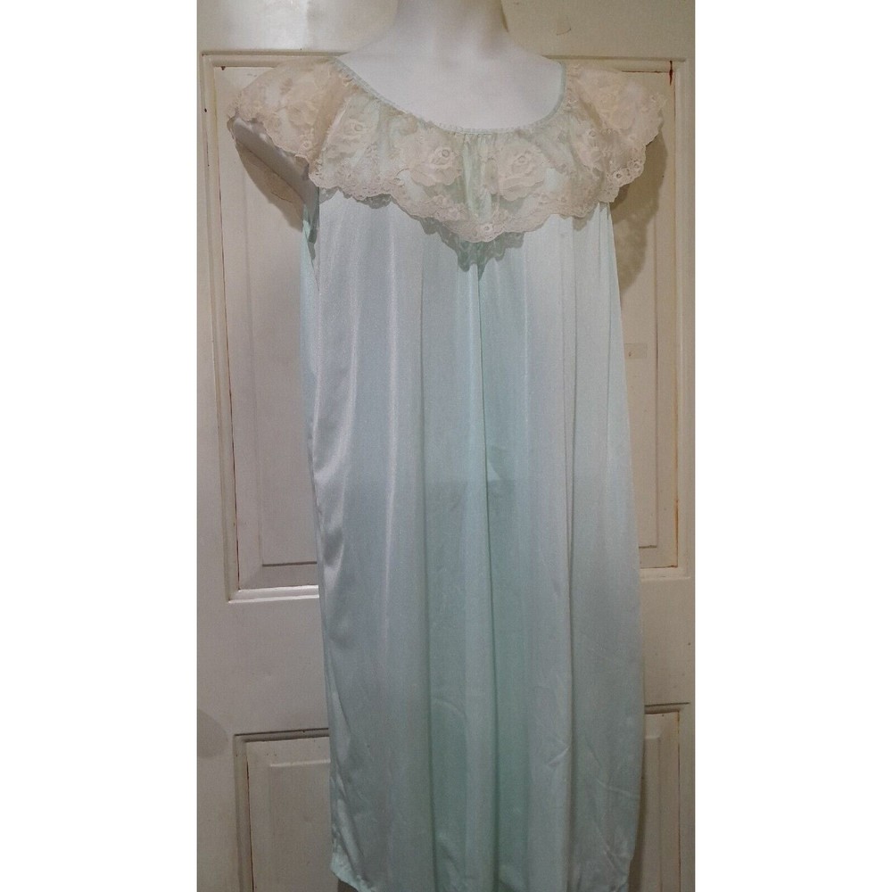 Deena Nightgown Medium Vintage 1960s, satin and Lace, Seafoam Green, Sz M